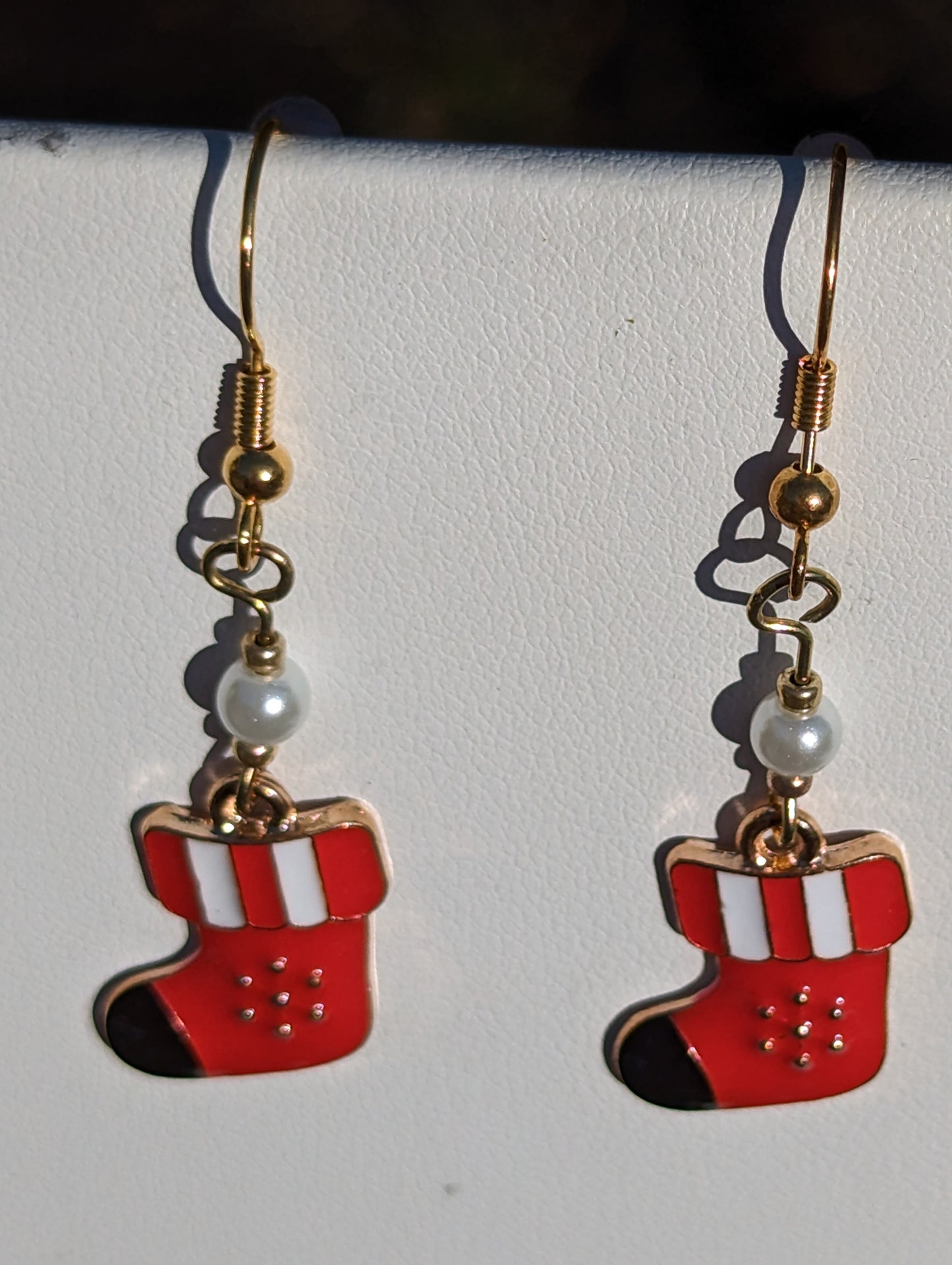 Gold-tone Enamel Red, White, and Black Stocking Earrings