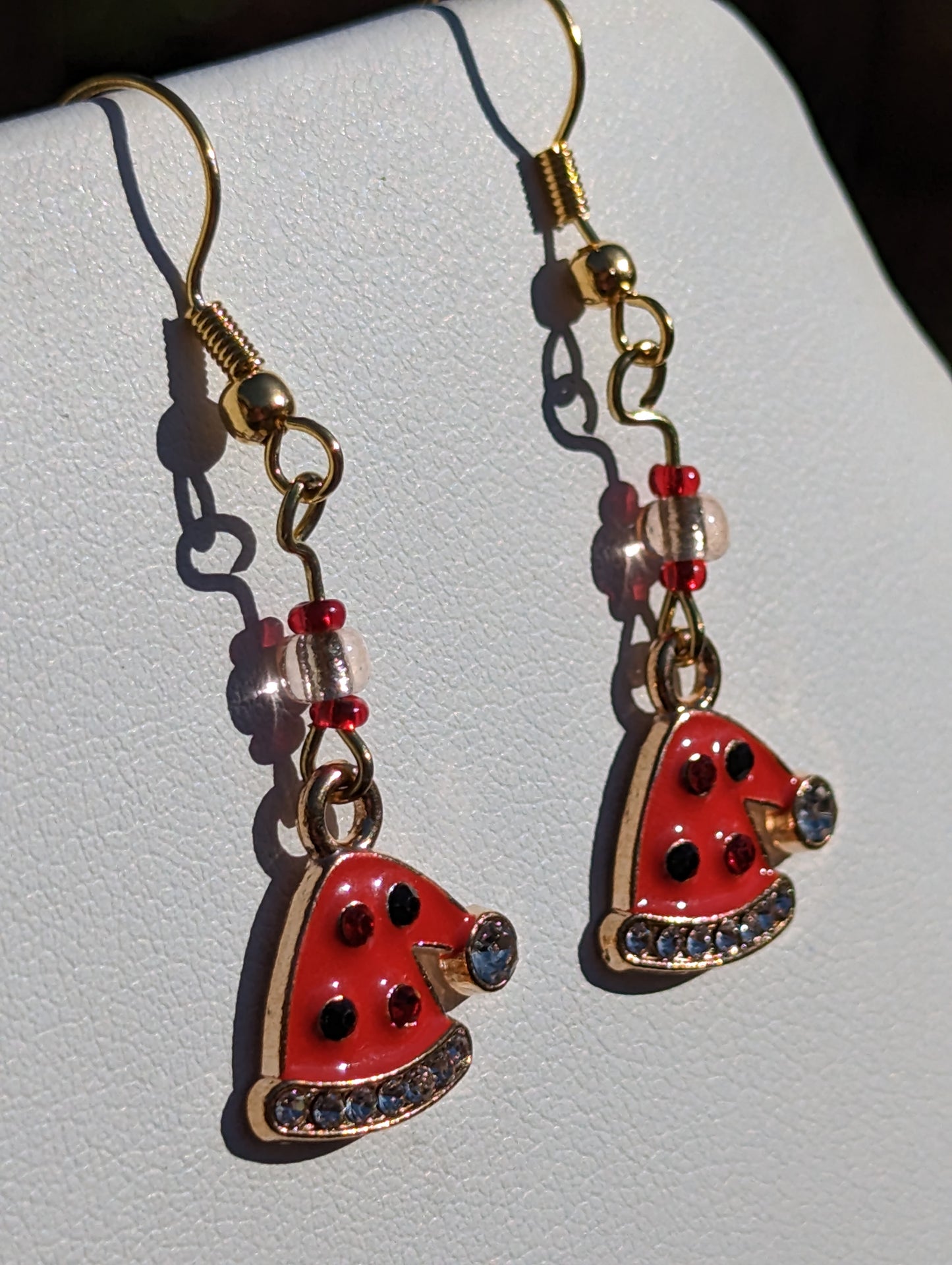 Gold-tone Enamel Red and Rhinestone Santa Hat Earrings