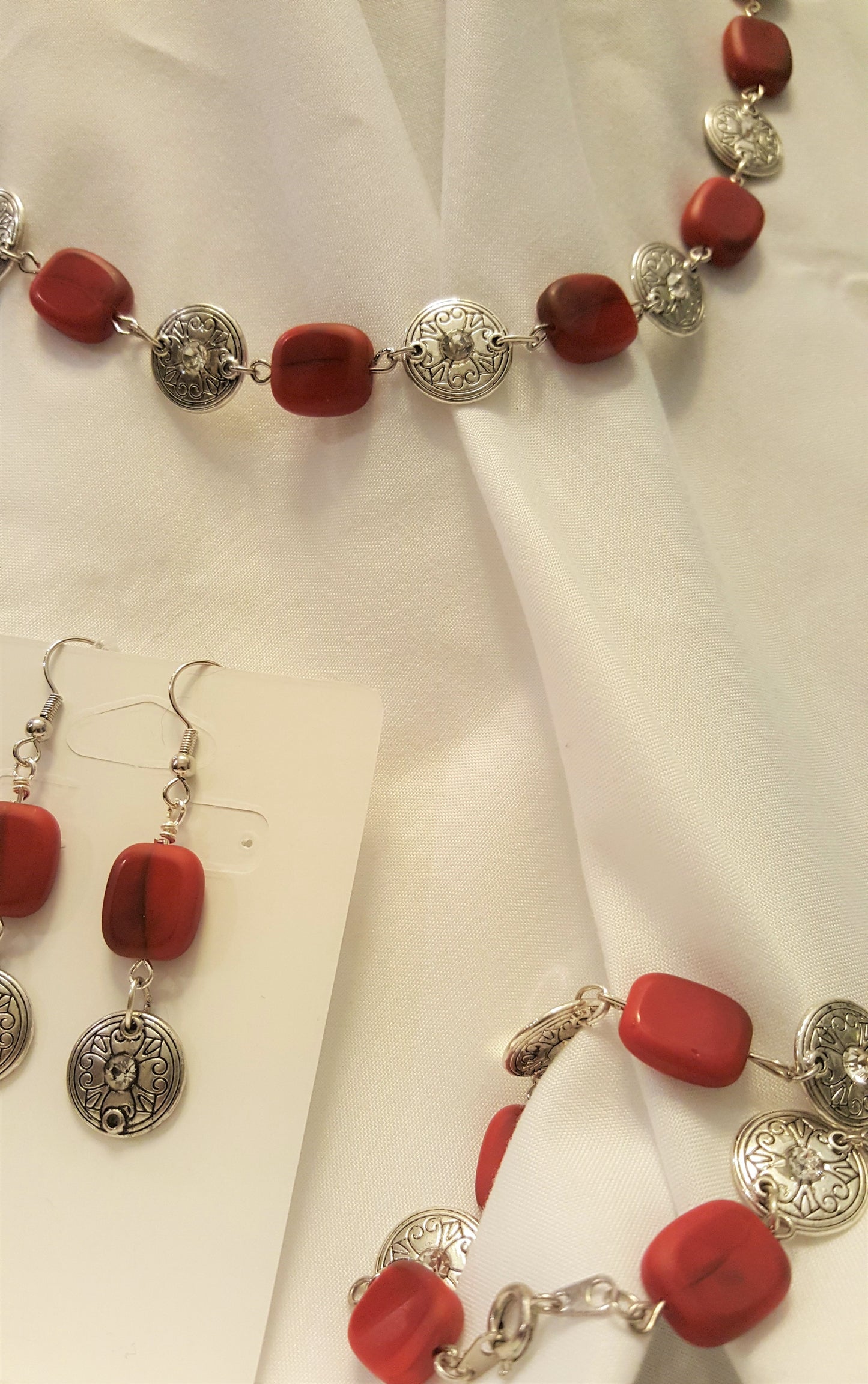 Red Jasper and Silver-tone Medallion Necklace, Bracelet, and Earrings