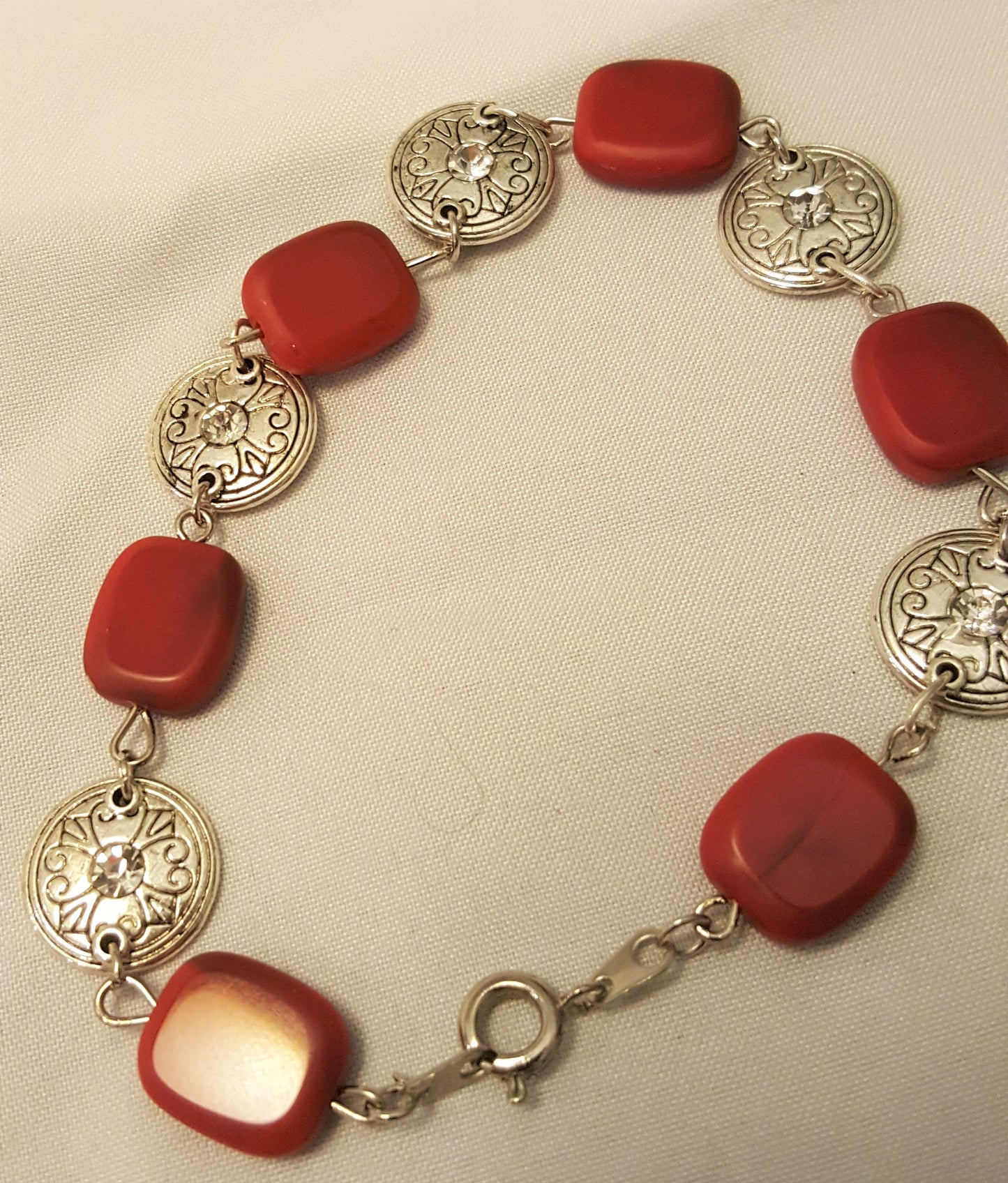 Red Jasper and Silver-tone Medallion Necklace, Bracelet, and Earrings