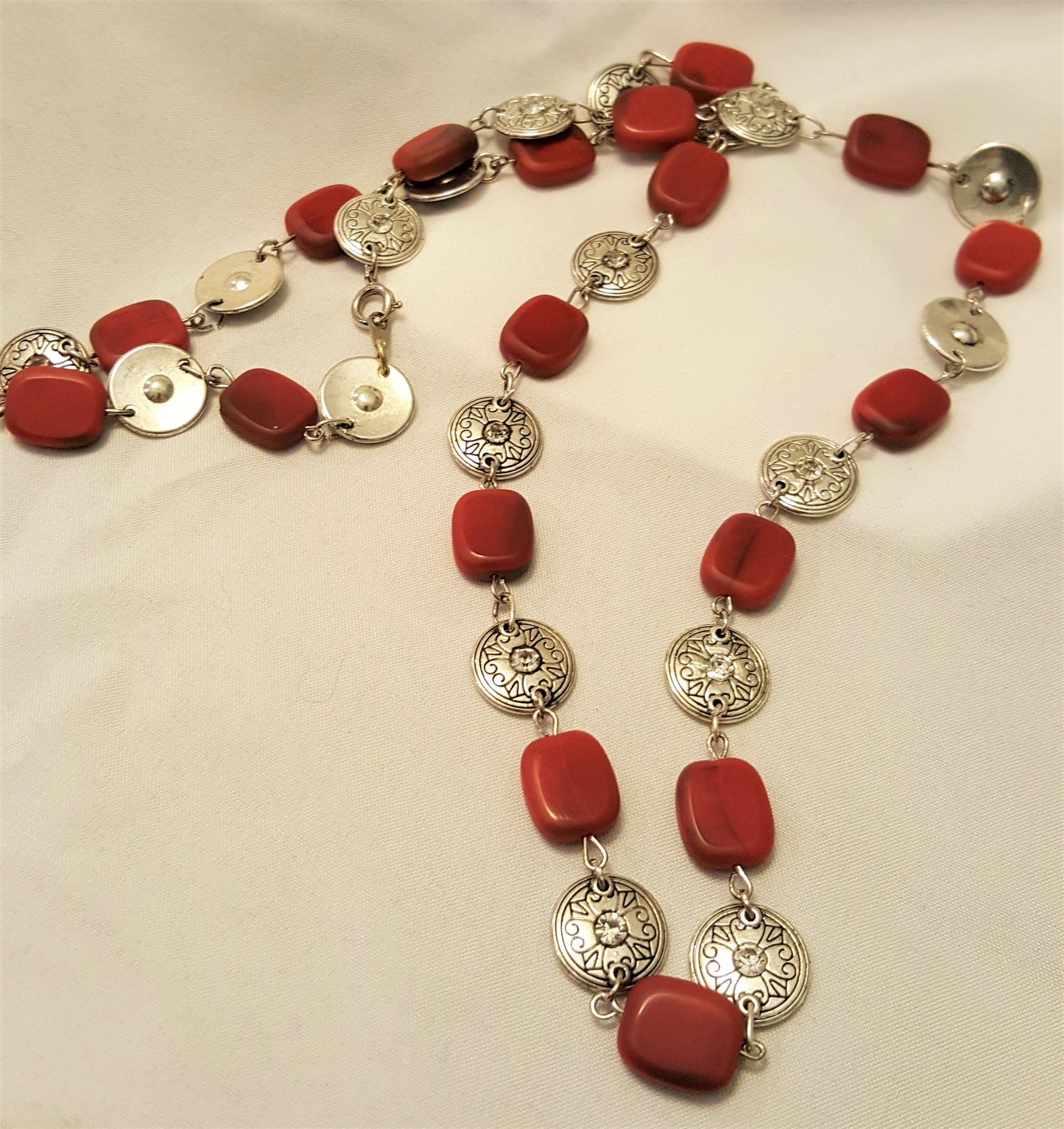 Red Jasper and Silver-tone Medallion Necklace, Bracelet, and Earrings