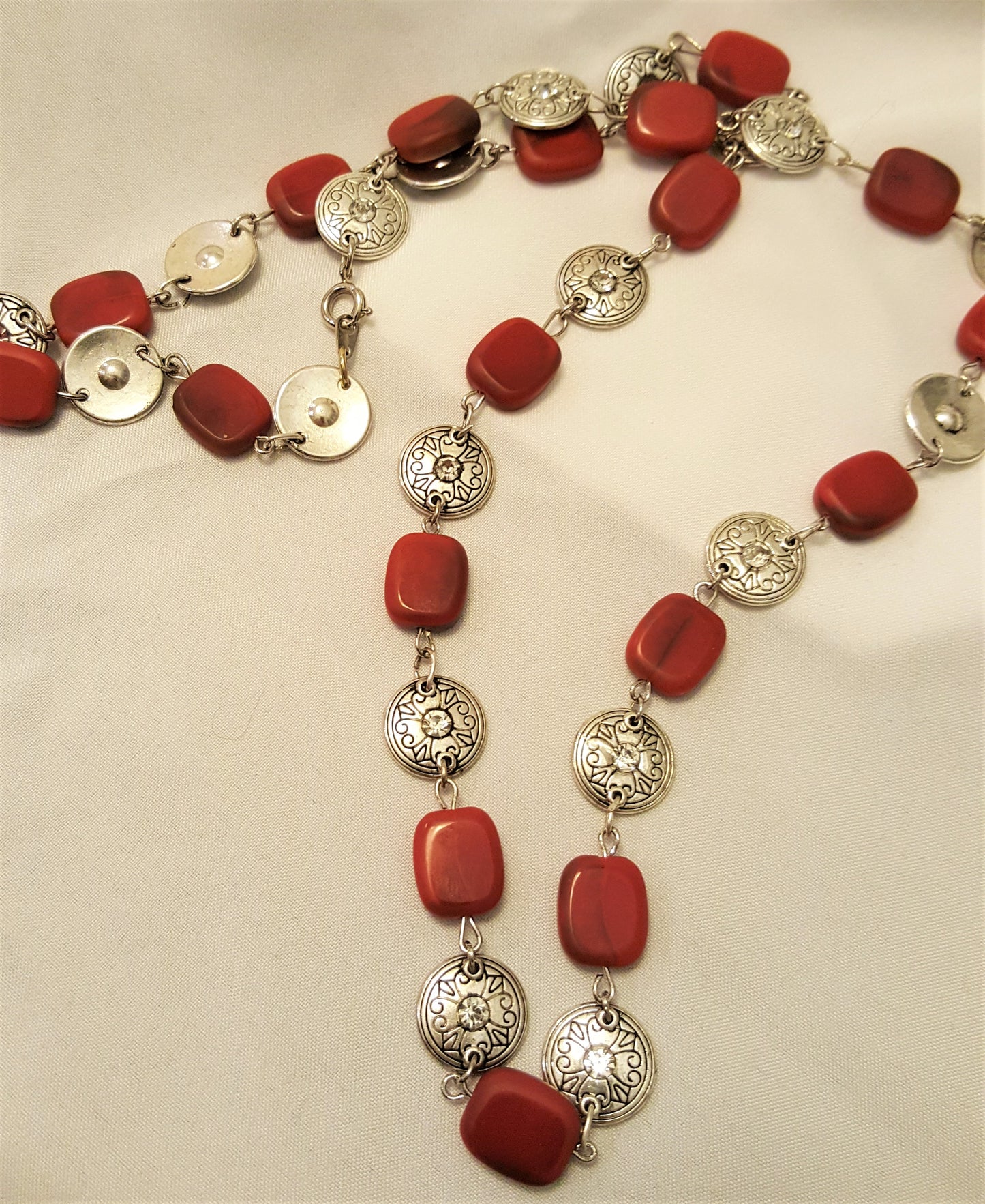 Red Jasper and Silver-tone Medallion Necklace, Bracelet, and Earrings