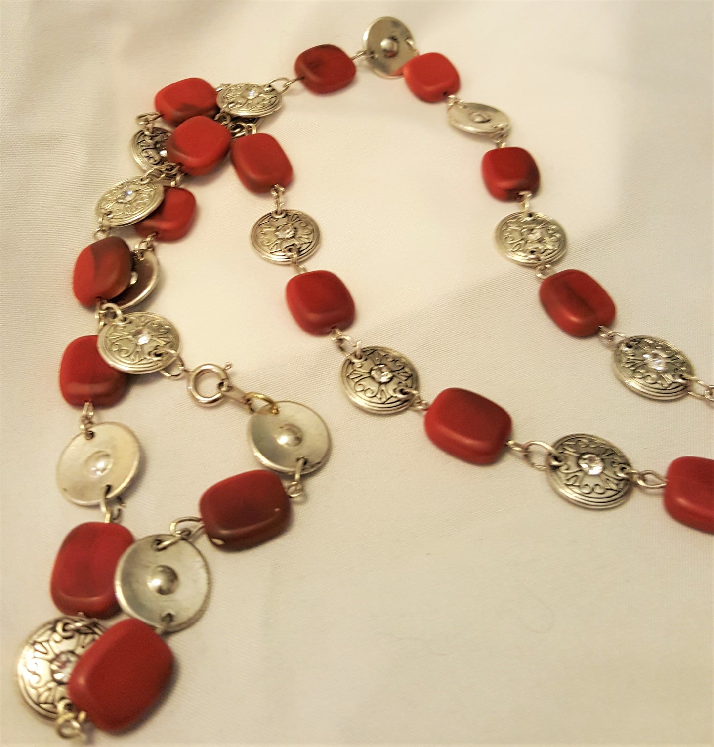 Red Jasper and Silver-tone Medallion Necklace, Bracelet, and Earrings