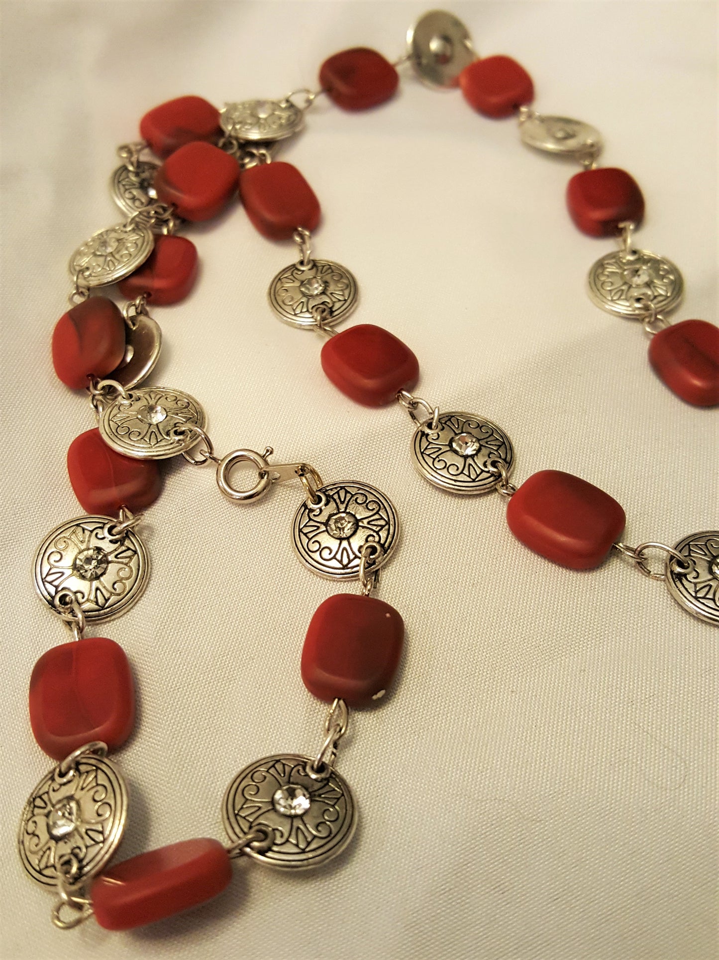 Red Jasper and Silver-tone Medallion Necklace, Bracelet, and Earrings
