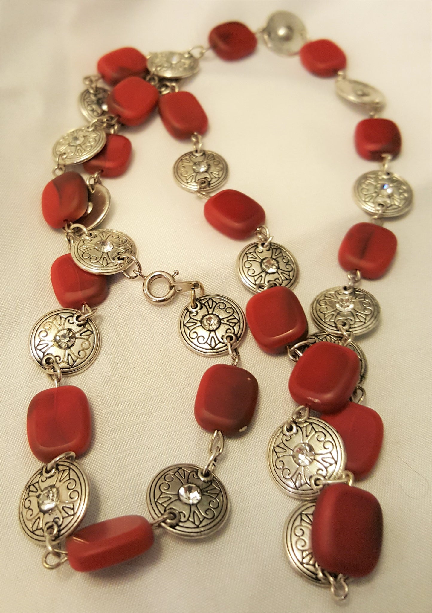 Red Jasper and Silver-tone Medallion Necklace, Bracelet, and Earrings