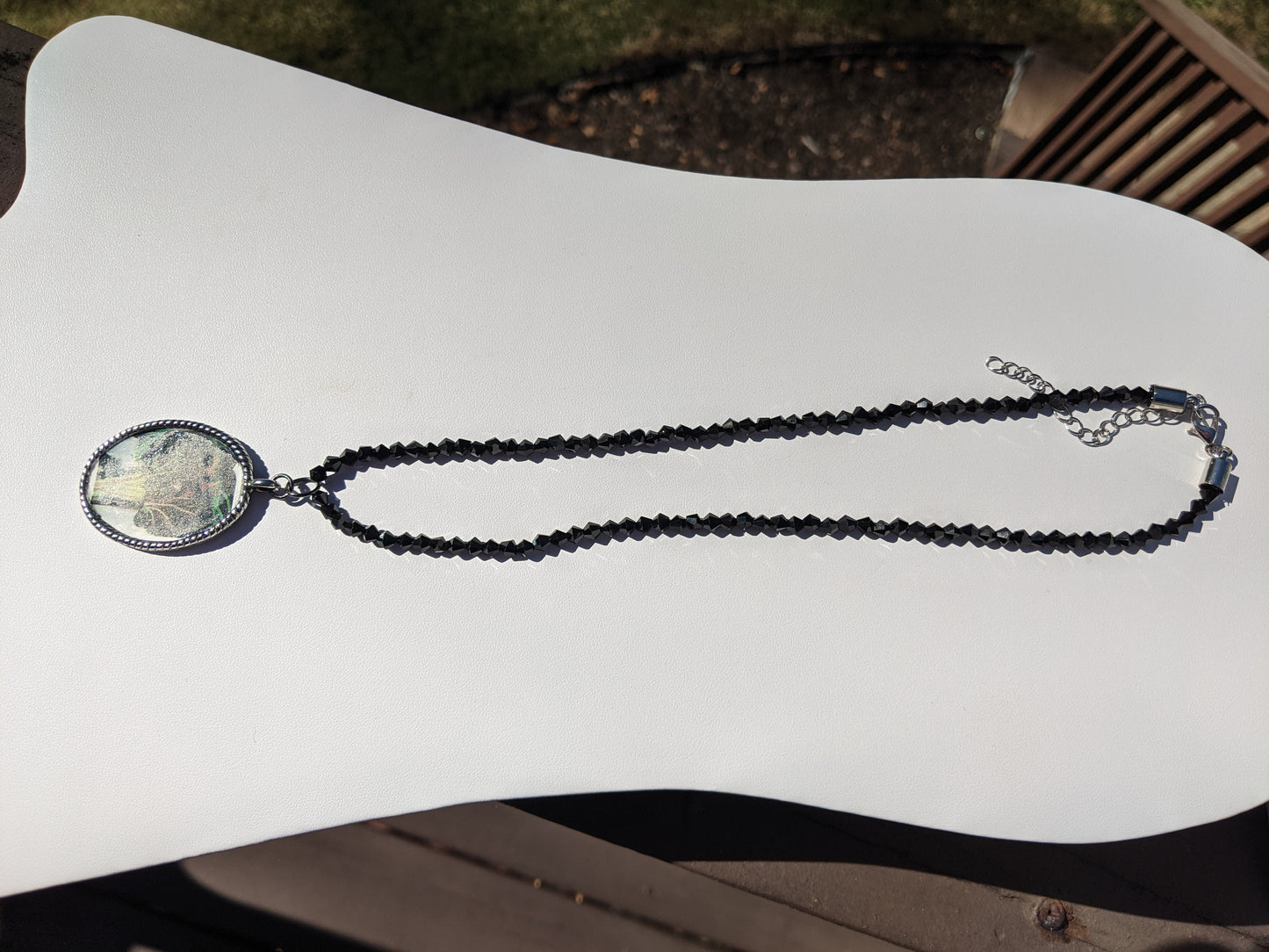 Georgia O'Keeffe Black Calla Lily Pendant on Black Beaded Necklace