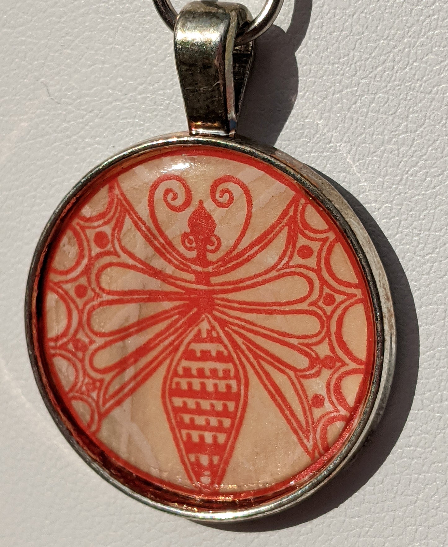 Stylized Red Butterfly Print Silver-tone Pendant