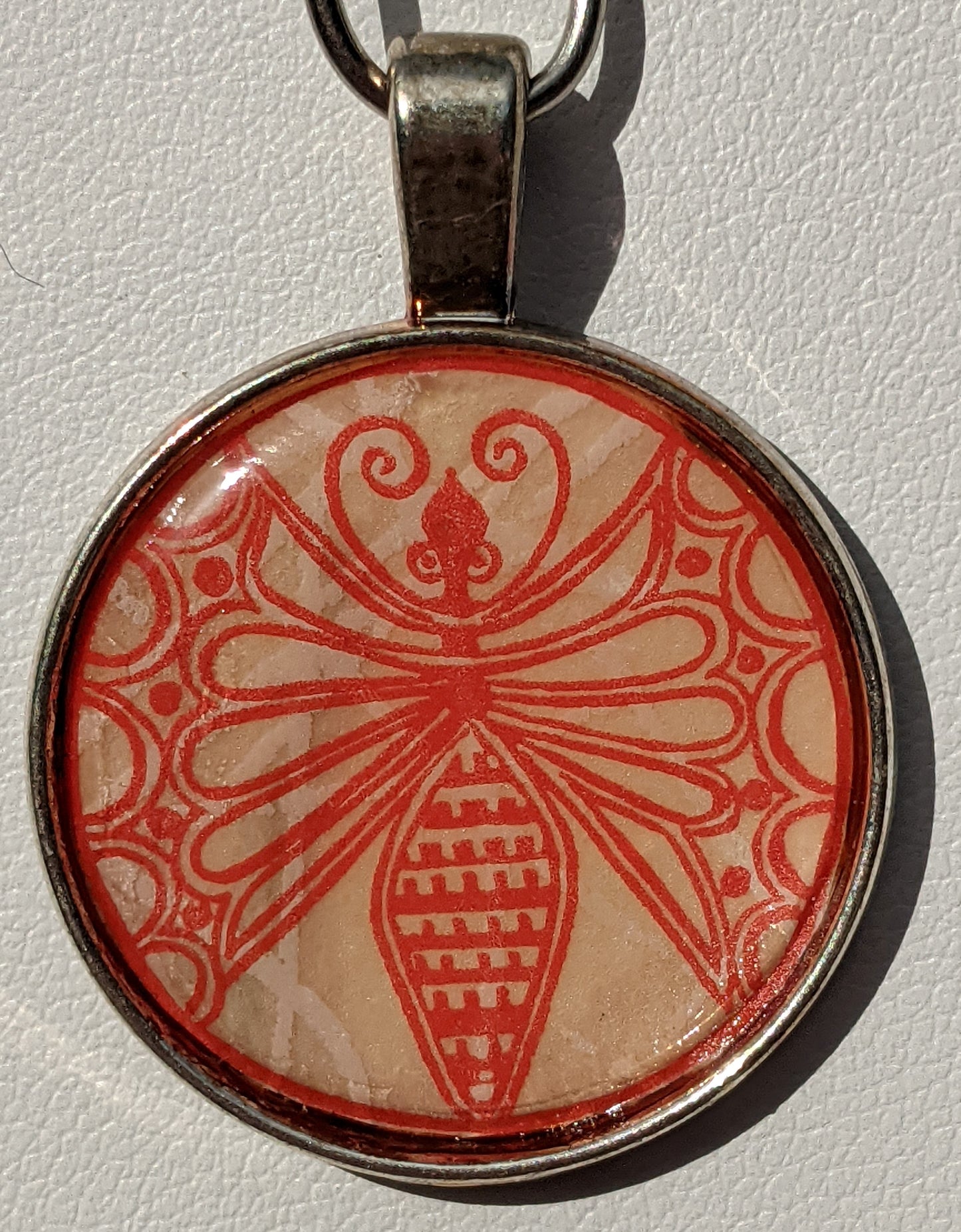Stylized Red Butterfly Print Silver-tone Pendant