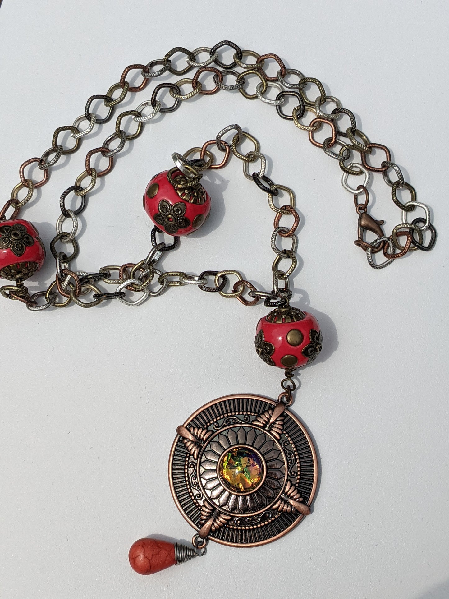 Copper Oriental Medallion Long Tri-colored Necklace