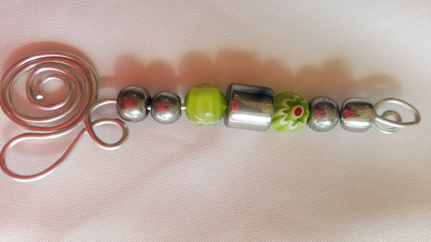 Green Millefiori and Silver-tone Bead Hand-wired Keychain or Hanger