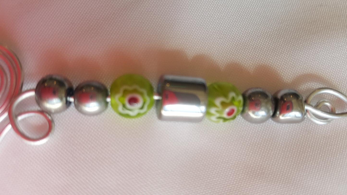 Green Millefiori and Silver-tone Bead Hand-wired Keychain or Hanger