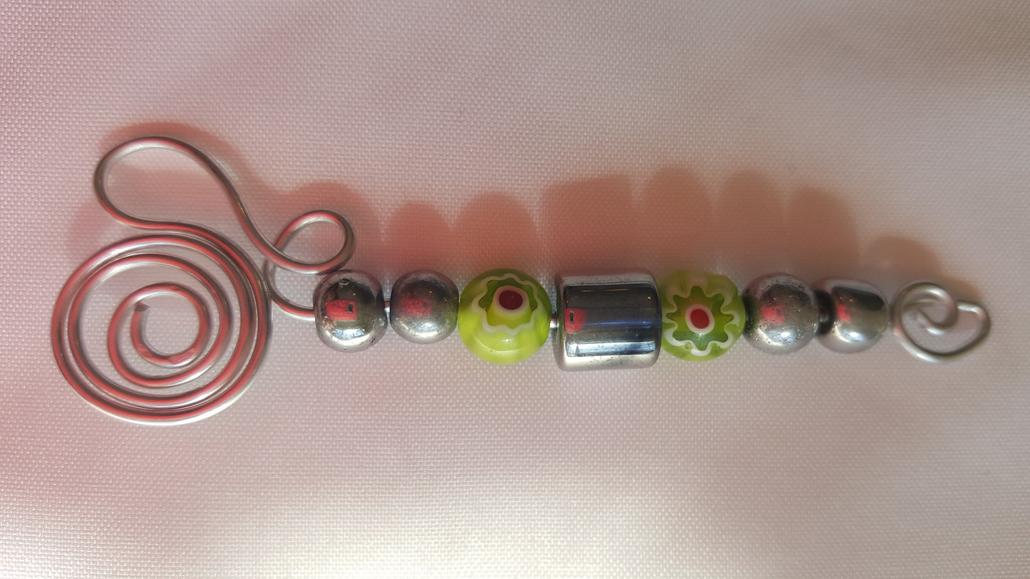 Green Millefiori and Silver-tone Bead Hand-wired Keychain or Hanger