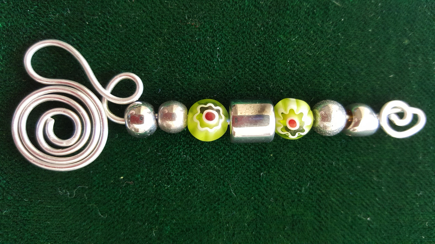 Green Millefiori and Silver-tone Bead Hand-wired Keychain or Hanger