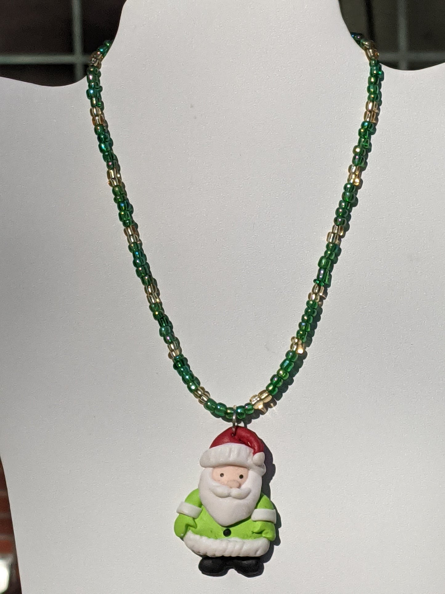 Light Green Clay Santa on Beaded Choker