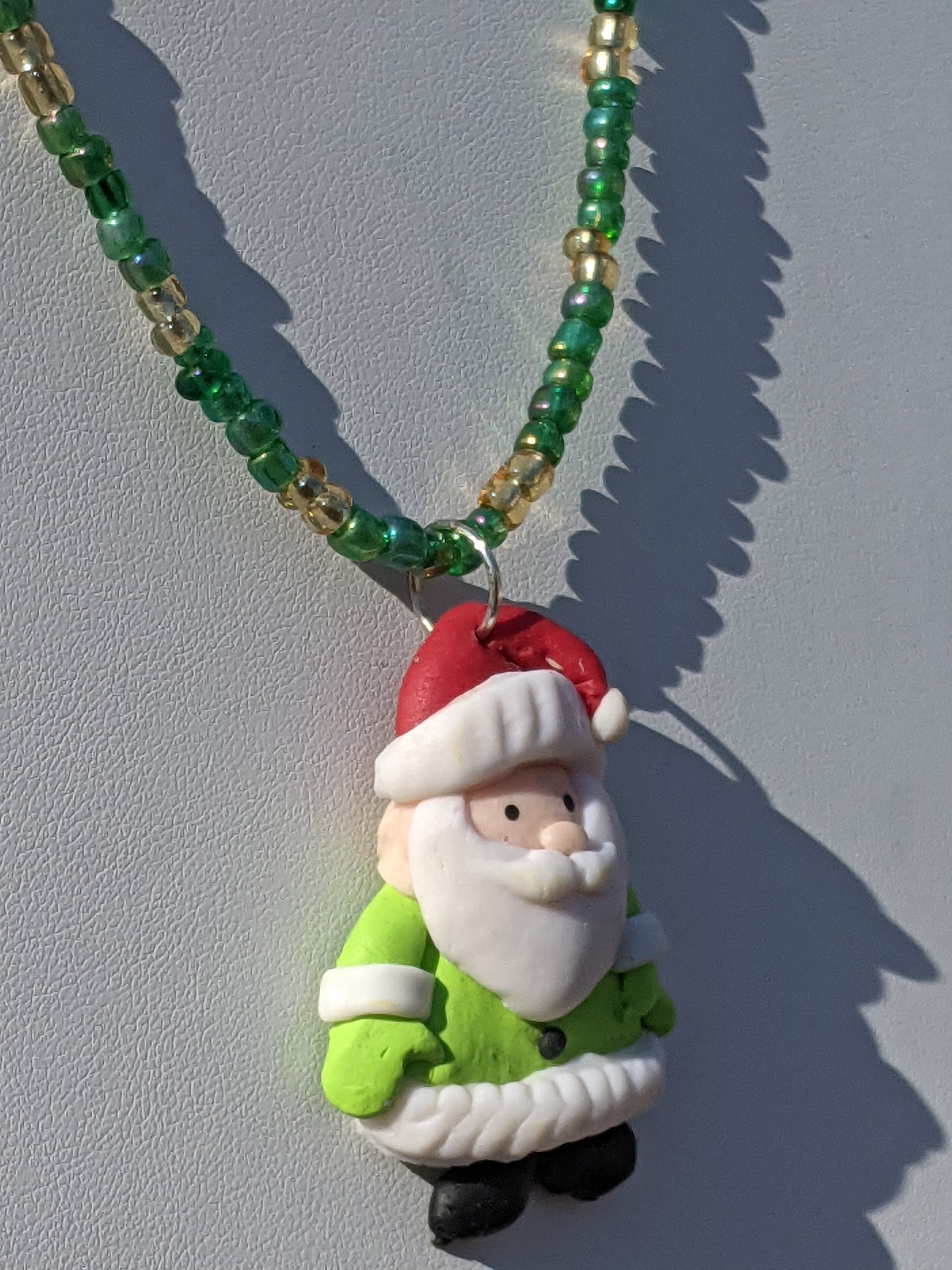 Light Green Clay Santa on Beaded Choker
