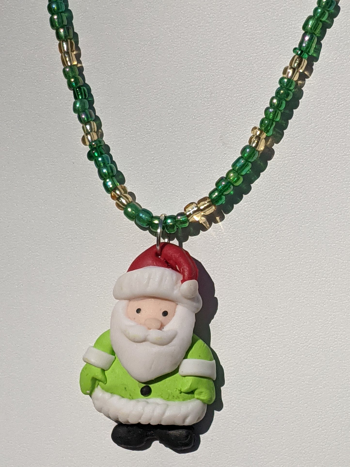 Light Green Clay Santa on Beaded Choker