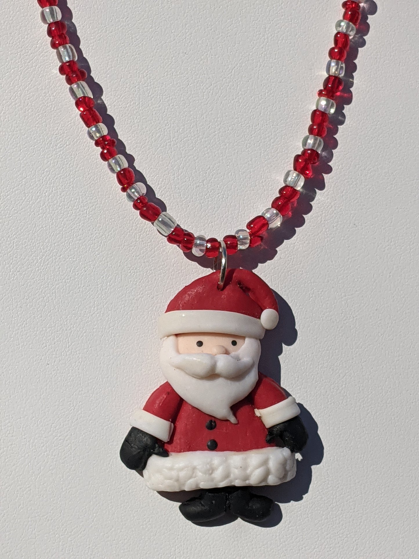 Red Clay Santa on Beaded Necklace