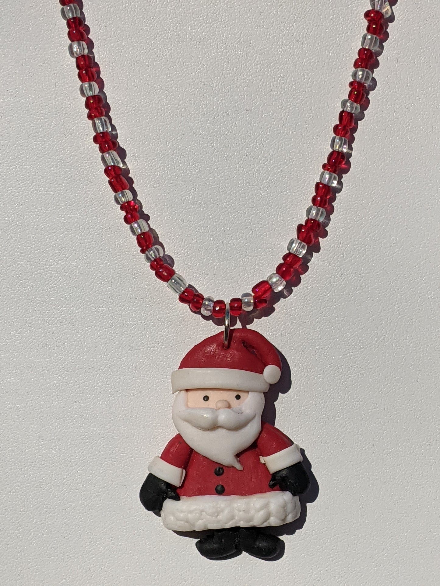 Red Clay Santa on Beaded Necklace