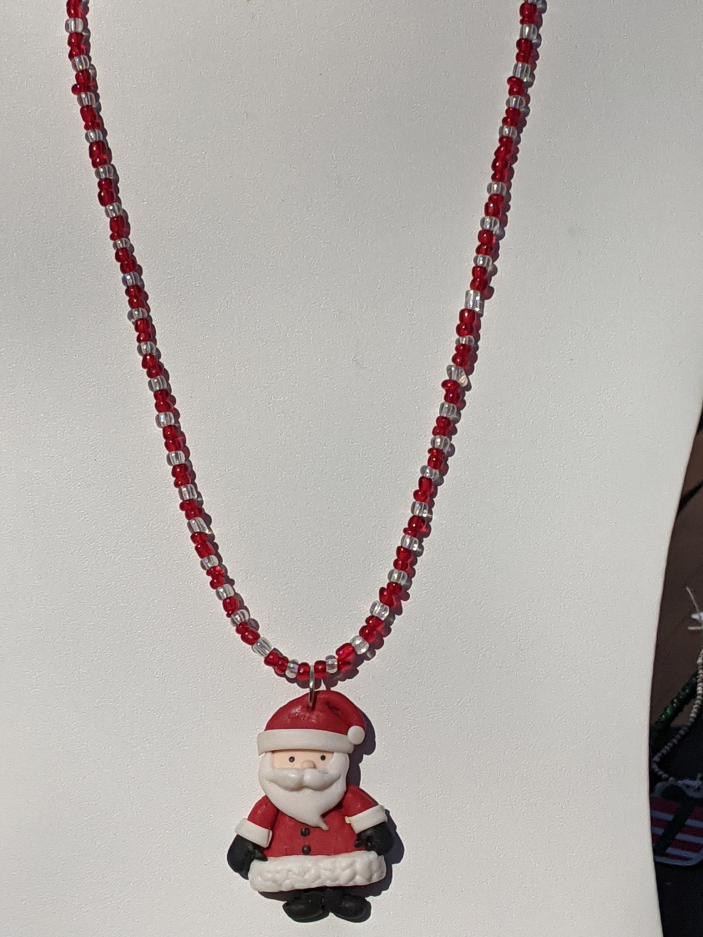Red Clay Santa on Beaded Necklace
