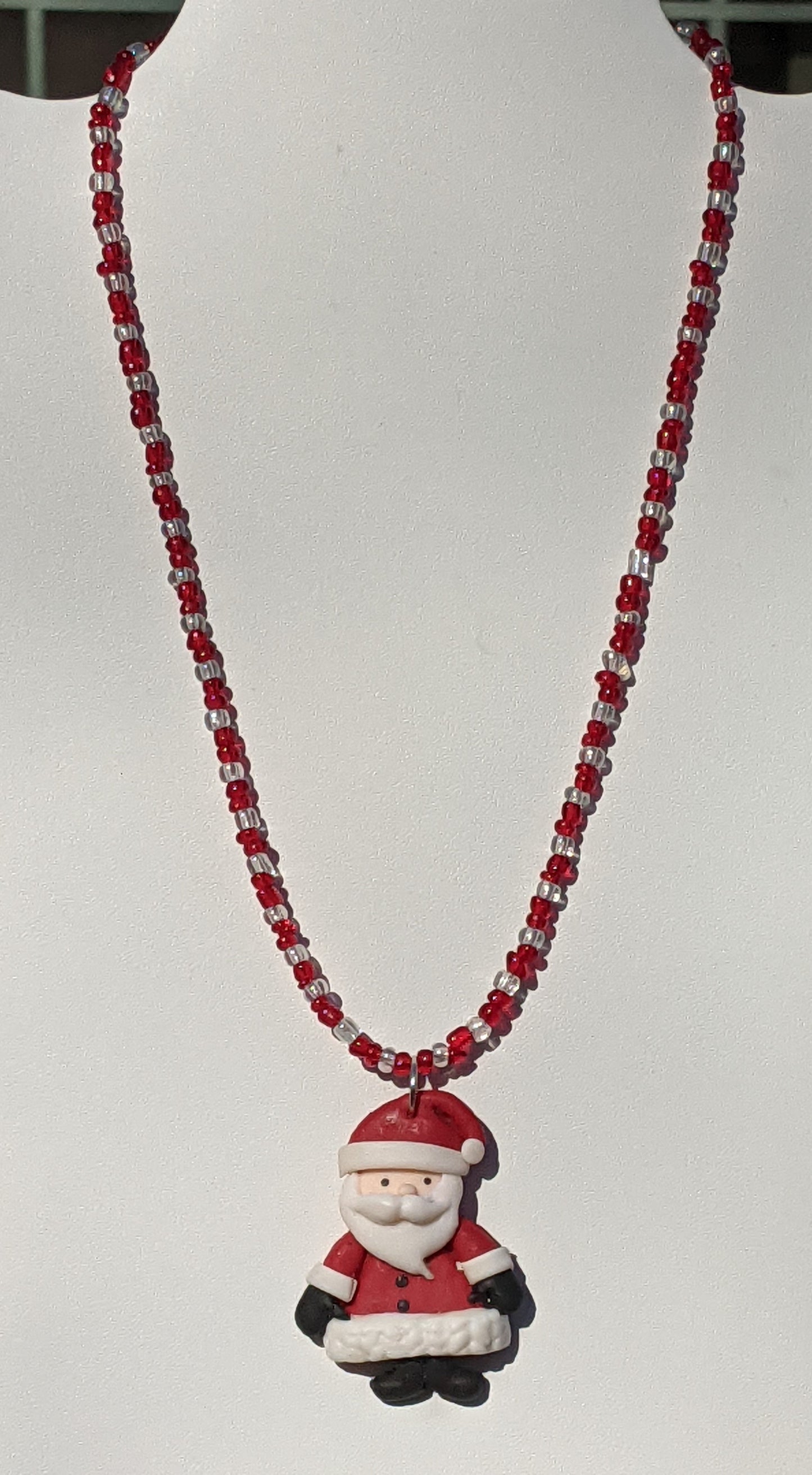 Red Clay Santa on Beaded Necklace