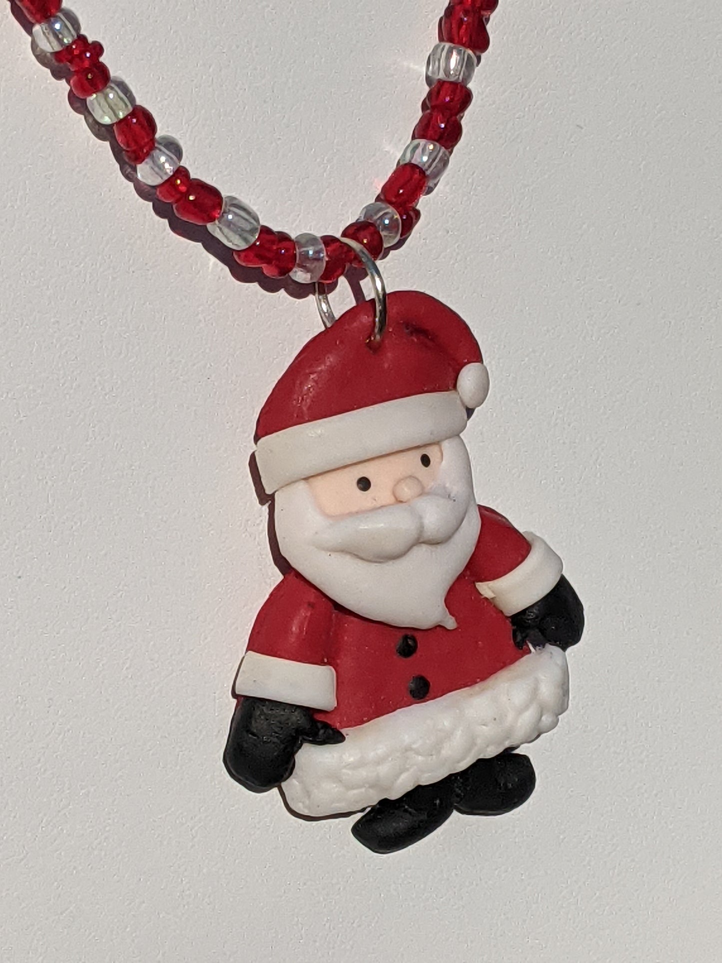 Red Clay Santa on Beaded Necklace