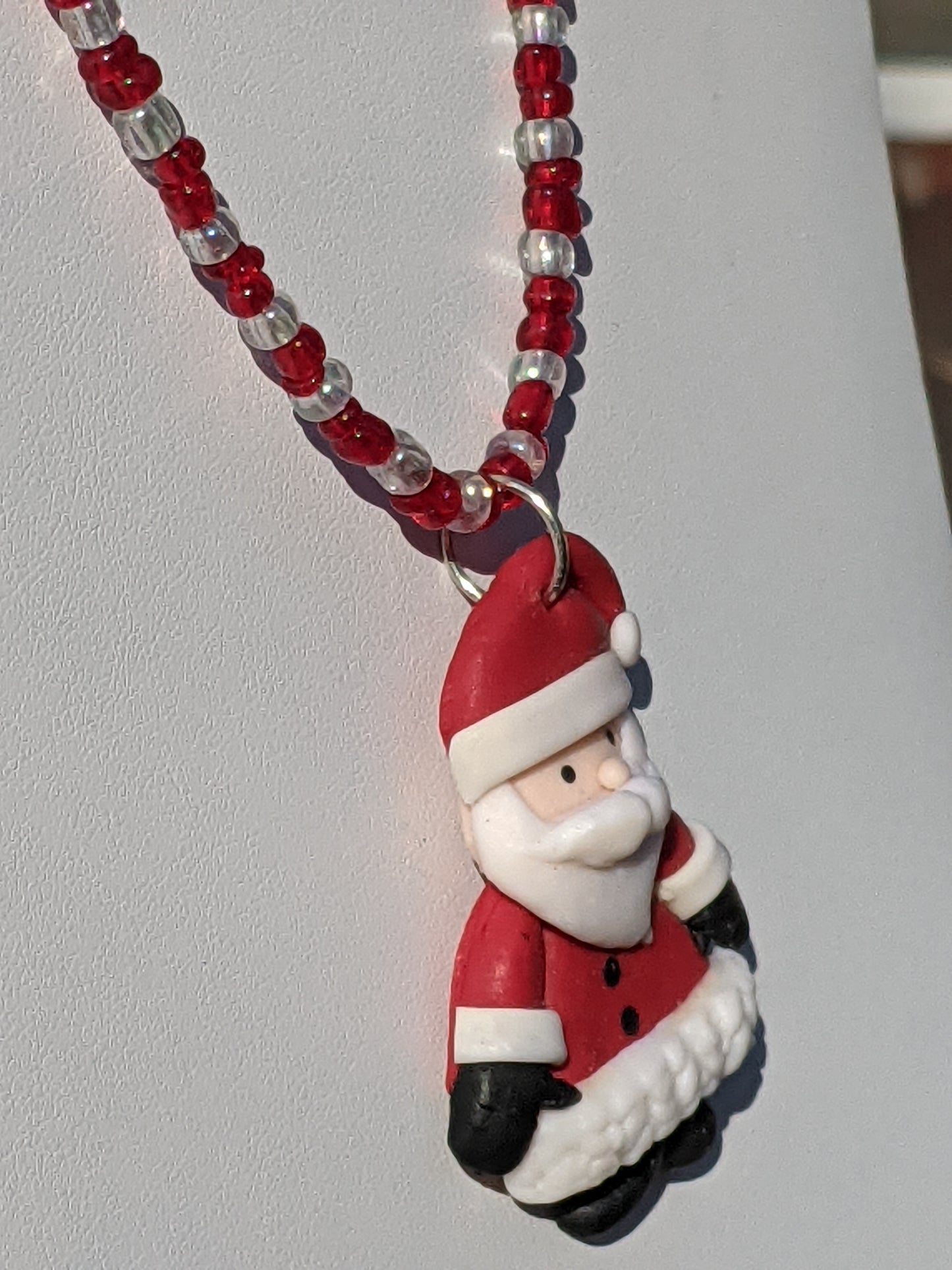 Red Clay Santa on Beaded Necklace