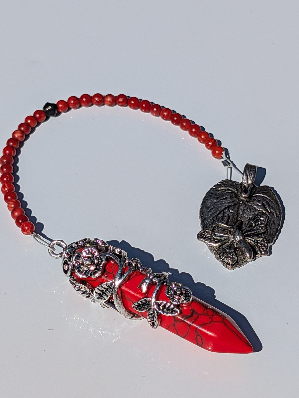 Butterfly Spirit Red Jasper Floral Wrapped Pendulum (Reiki blessed)