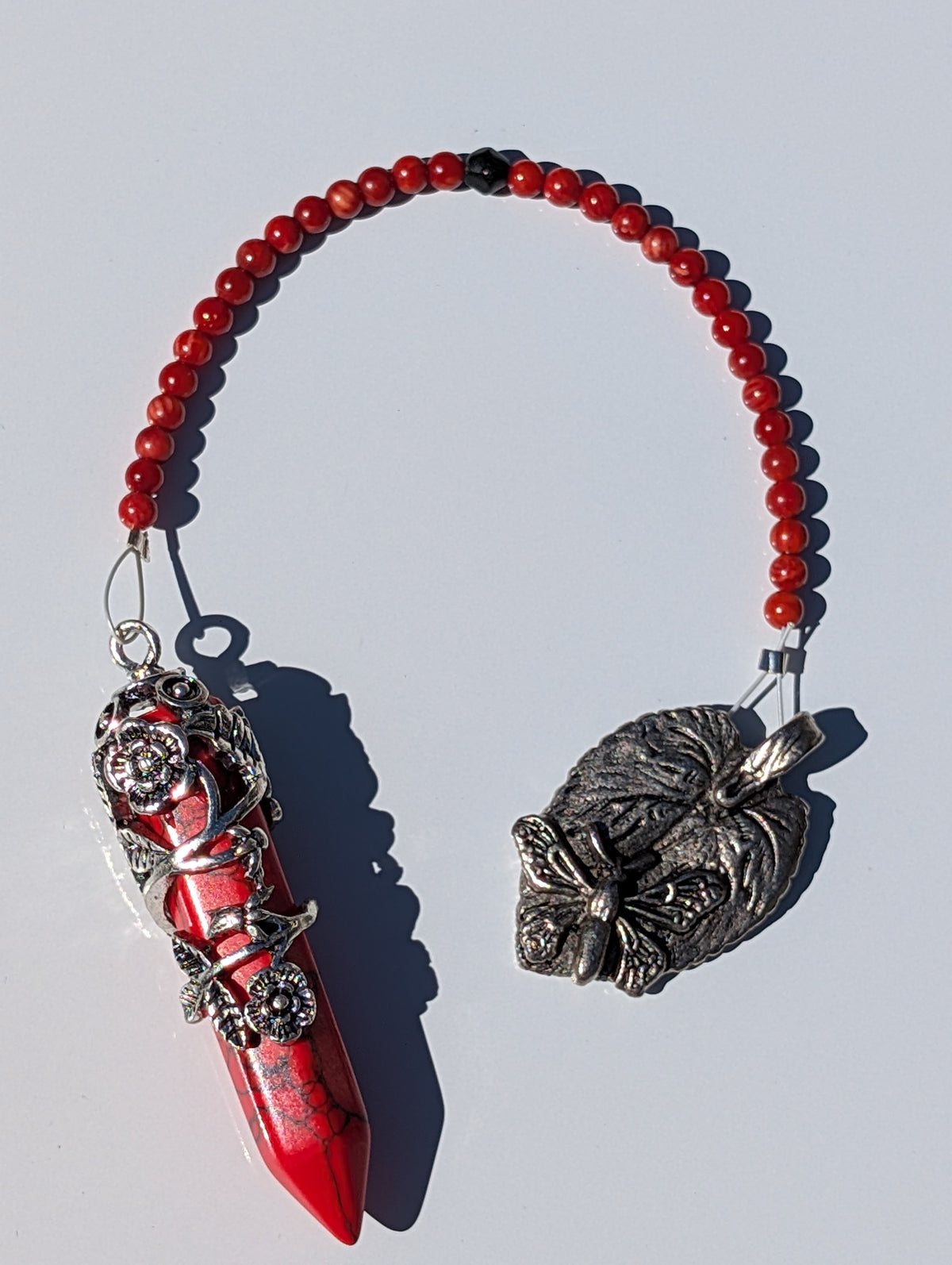 Butterfly Spirit Red Jasper Floral Wrapped Pendulum (Reiki blessed)