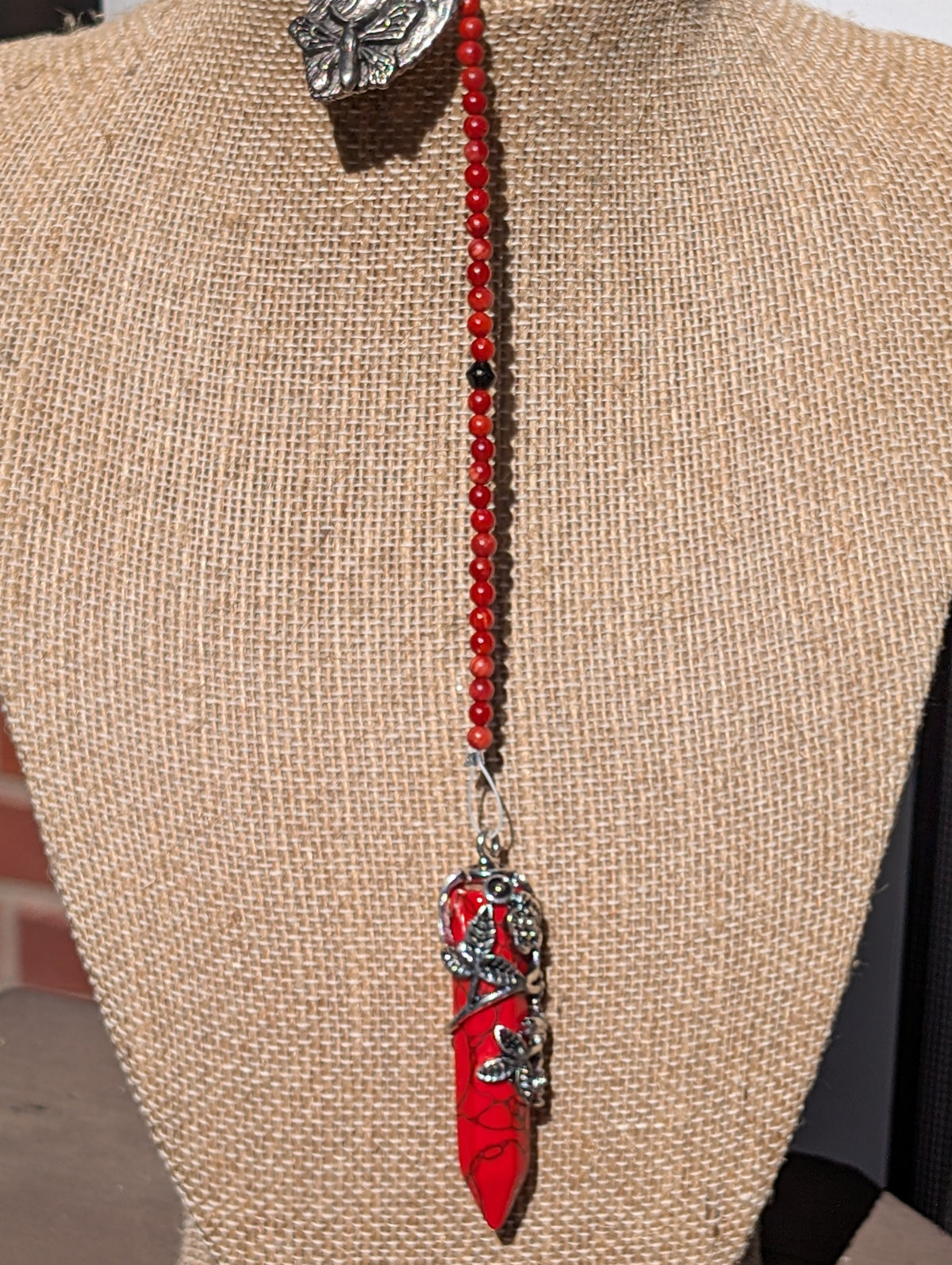 Butterfly Spirit Red Jasper Floral Wrapped Pendulum (Reiki blessed)