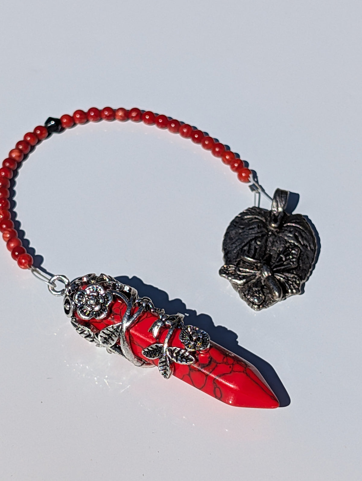 Butterfly Spirit Red Jasper Floral Wrapped Pendulum (Reiki blessed)