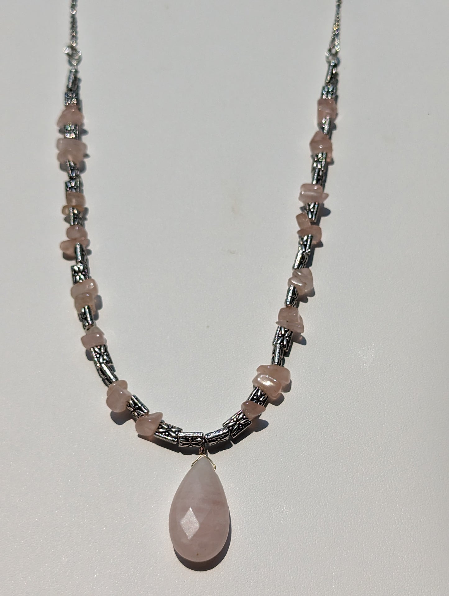 Rose Quartz and Antique Silvered Necklace