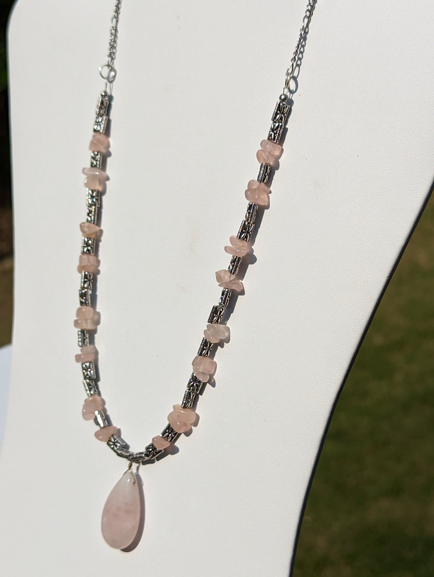 Rose Quartz and Antique Silvered Necklace