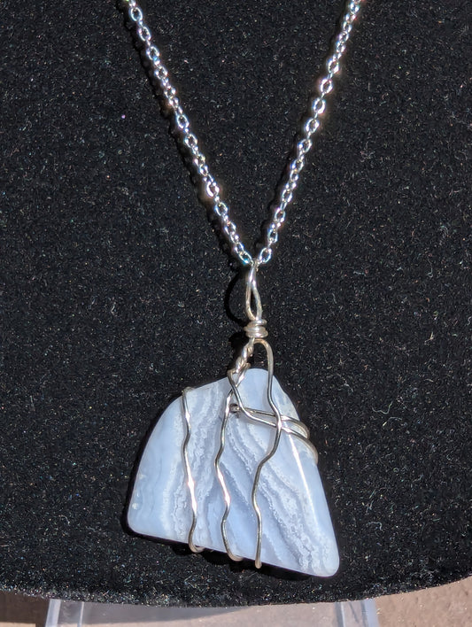 Wire-wrapped Blue Lace Agate Pendant on Chain Necklace