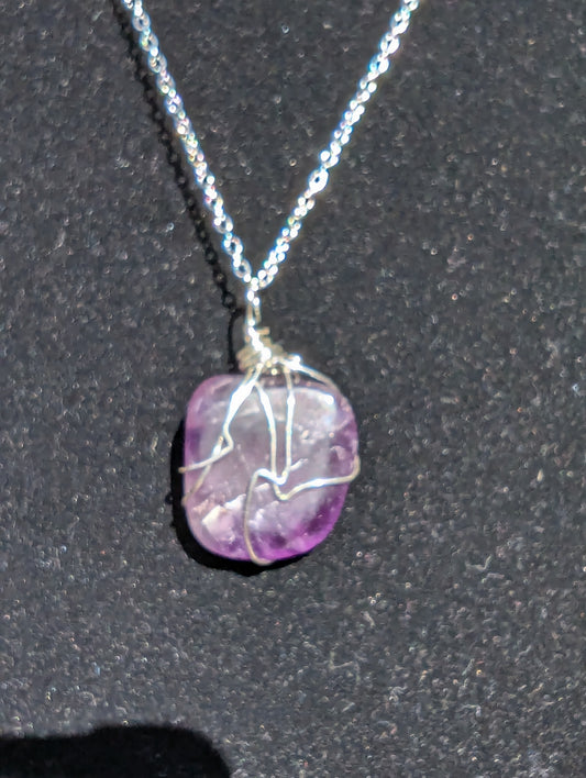 Wire-wrapped Square Amethyst Pendant on Chain Necklace