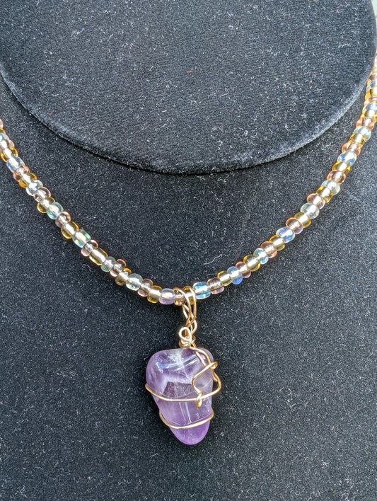 Golden Wire-wrapped Amethyst Pendant on Beaded Choker Necklace