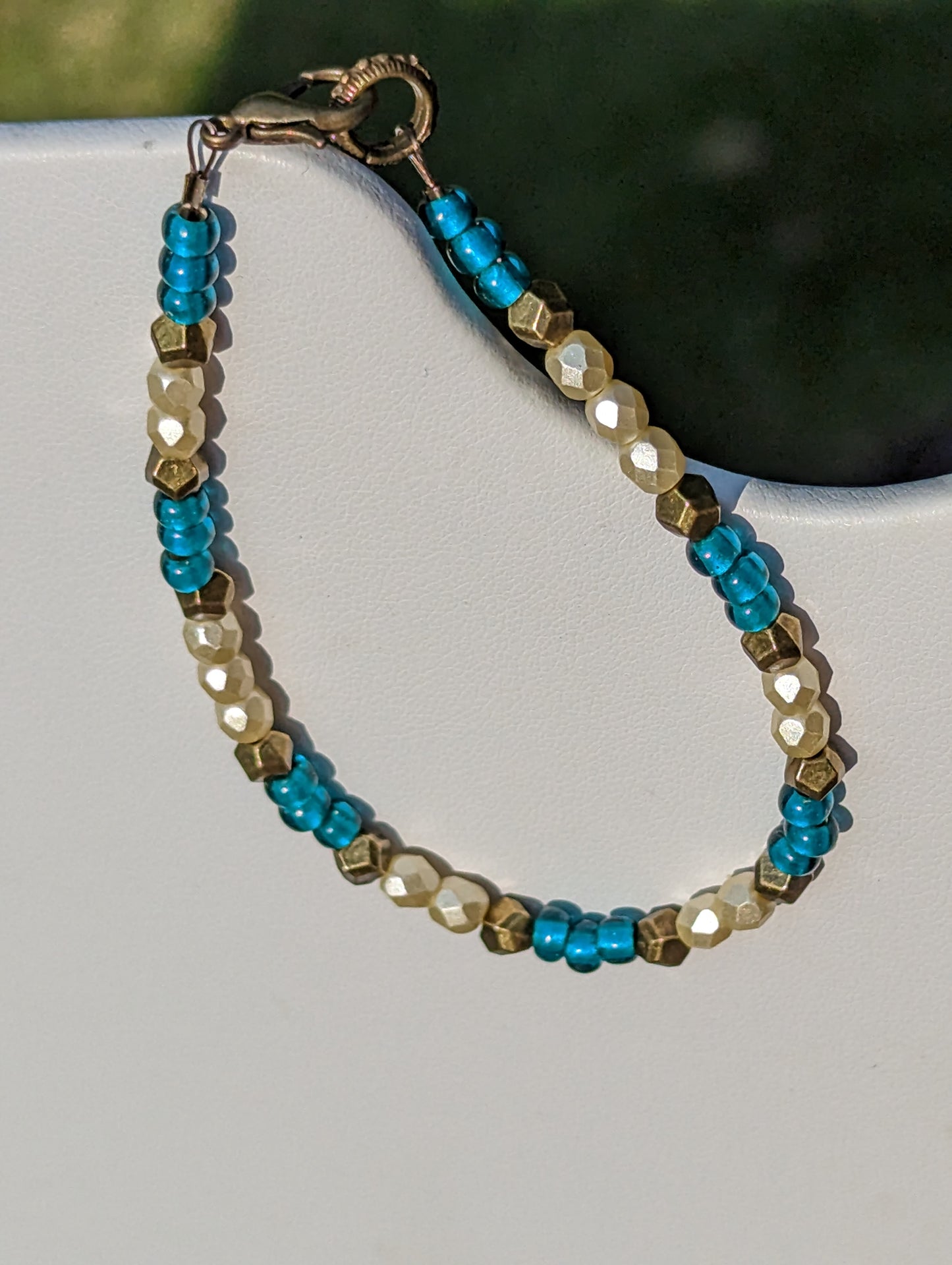 Bracelet with Teal, Pearlesque, and Brass Beads