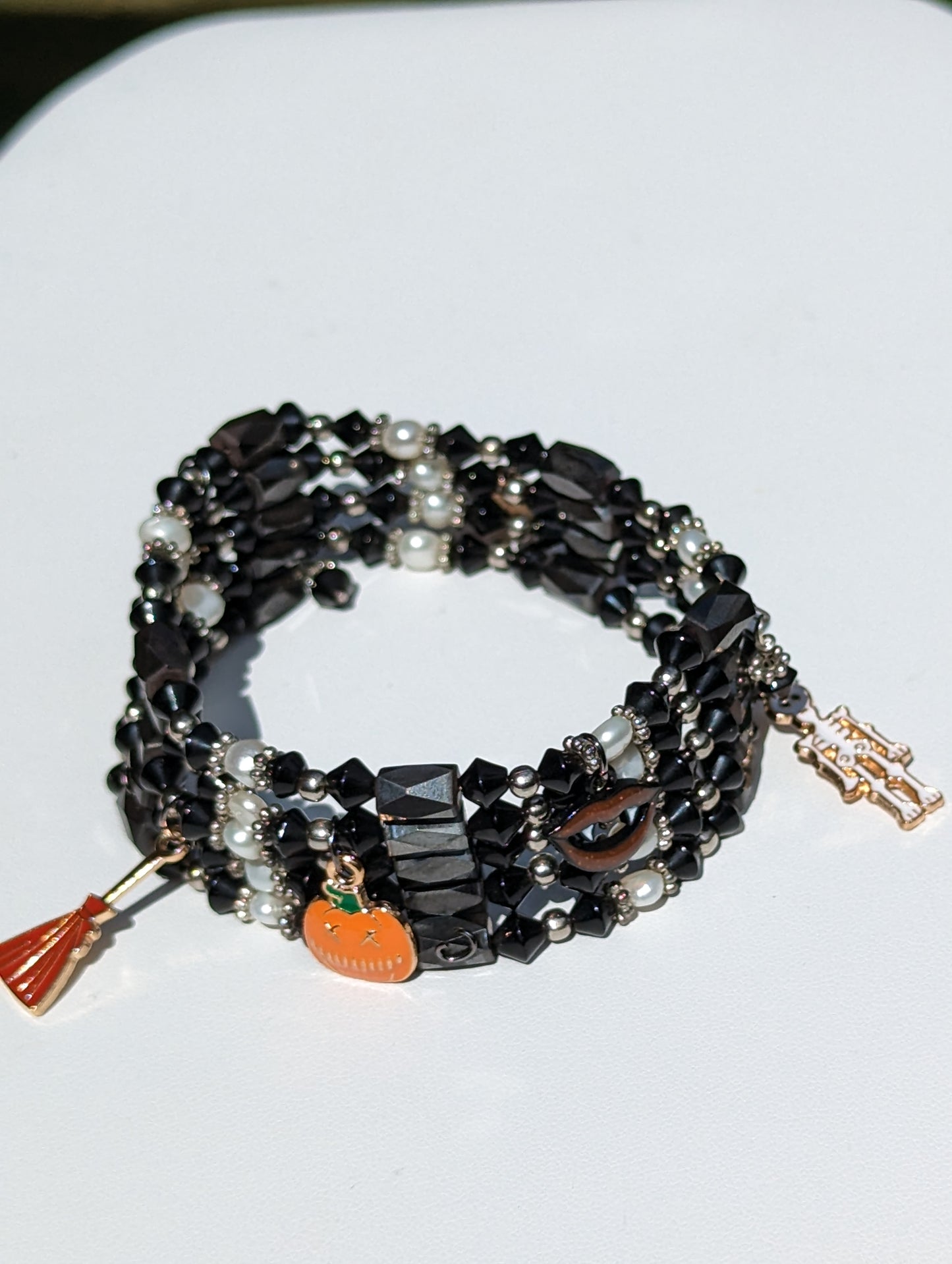 Magnetic Hematite and Bead Adjustable Wrap Bracelet with Halloween Charms