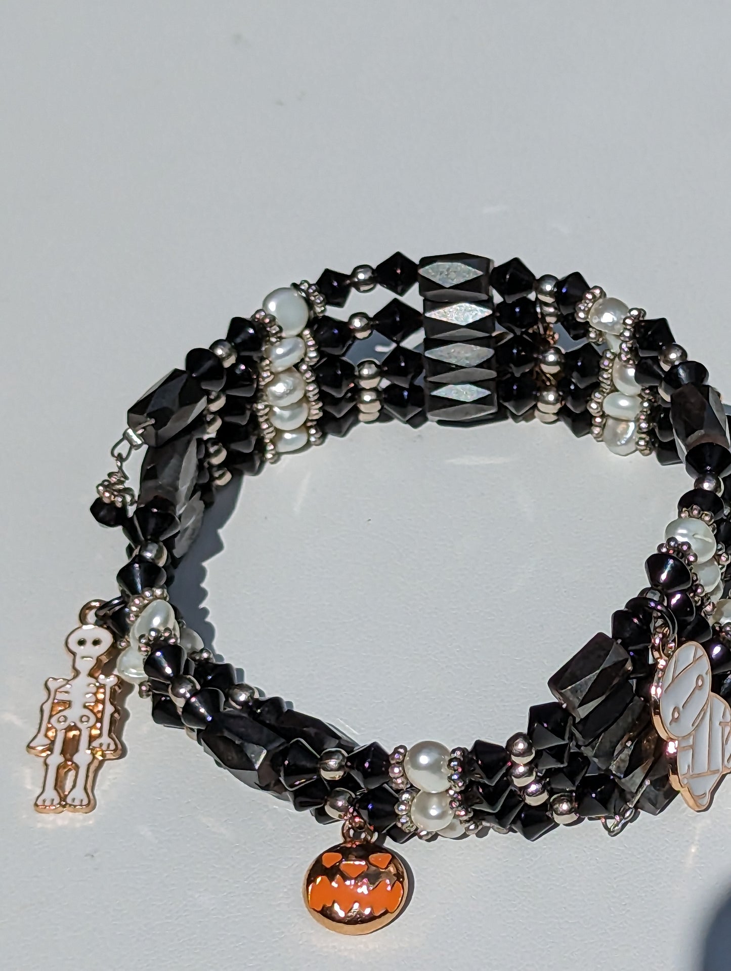 Magnetic Hematite and Bead Adjustable Wrap Bracelet with Halloween Charms