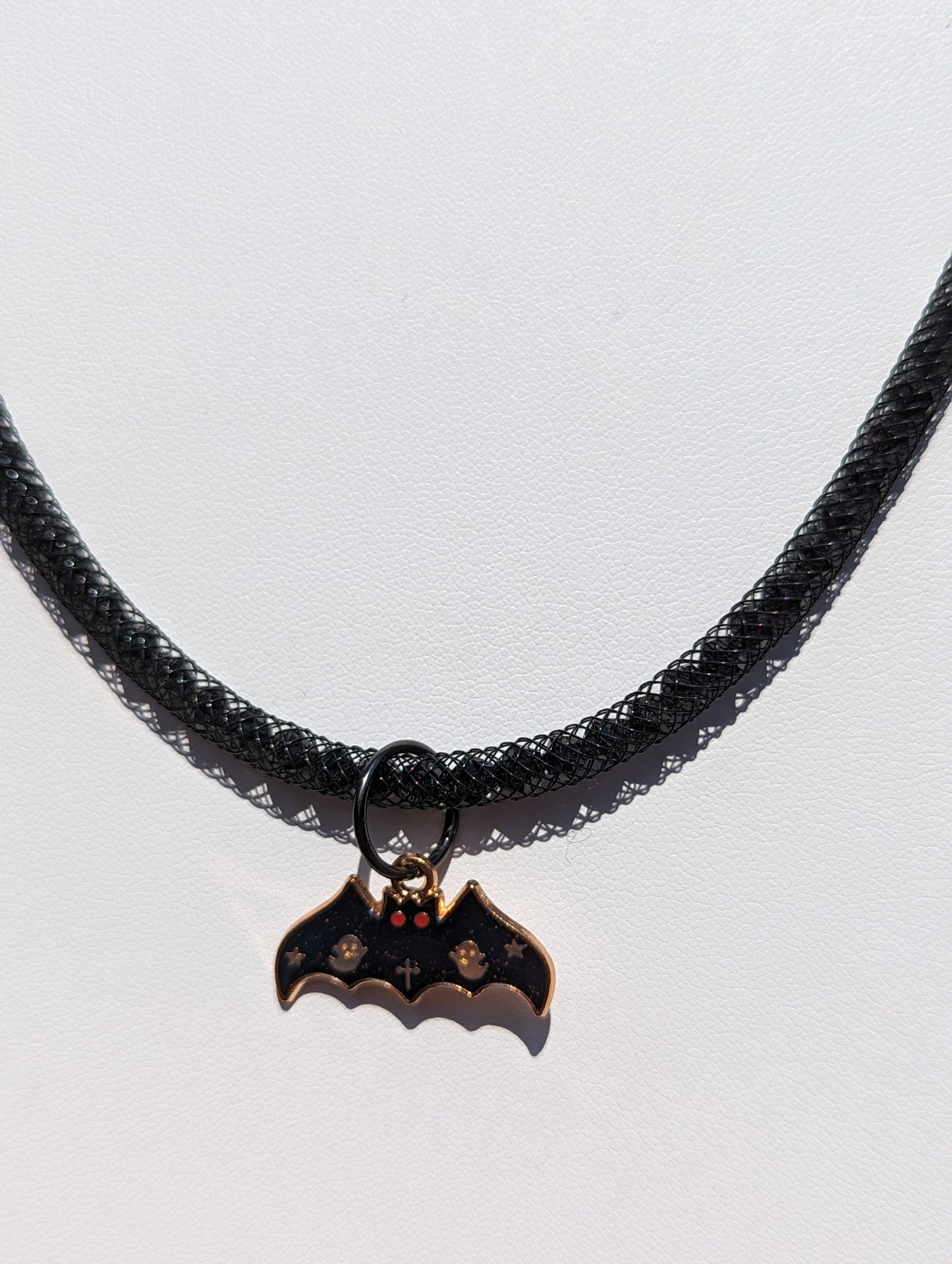 Halloween Bat Charm on Beaded and Mesh Necklace