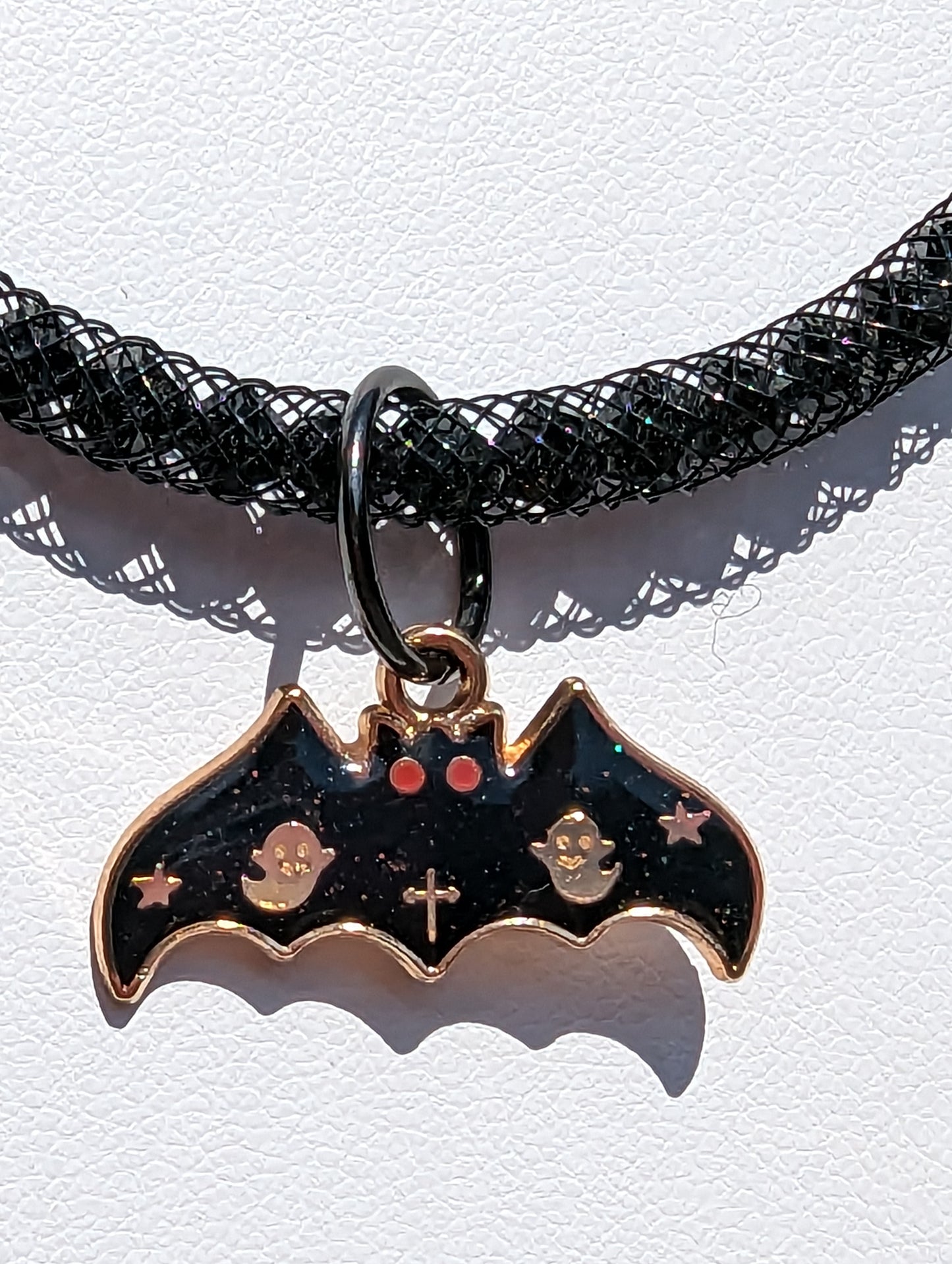Halloween Bat Charm on Beaded and Mesh Necklace