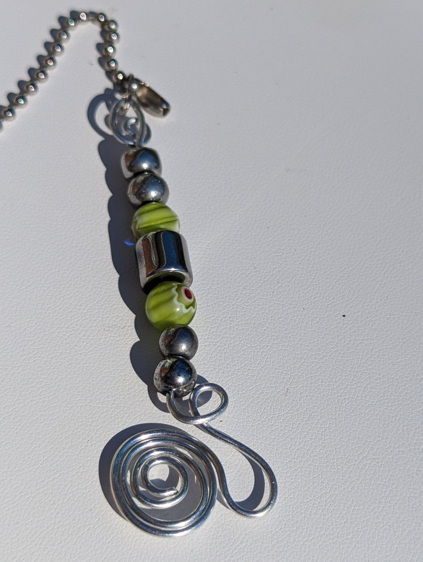 Green Millefiori and Silver-tone Bead Hand-wired Keychain or Hanger