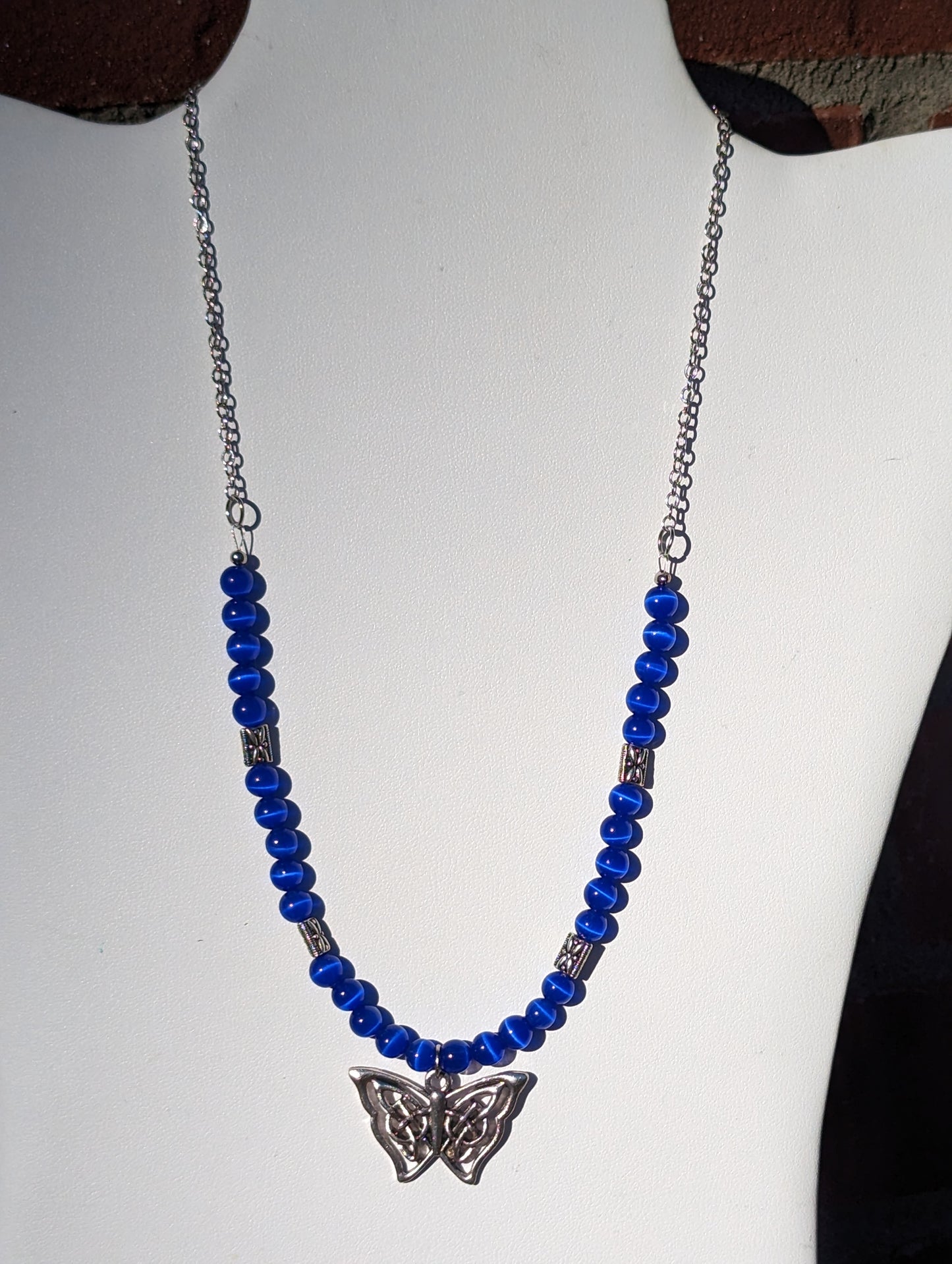 Royal Blue Cat's Eye Necklace with Celtic Butterfly Charm