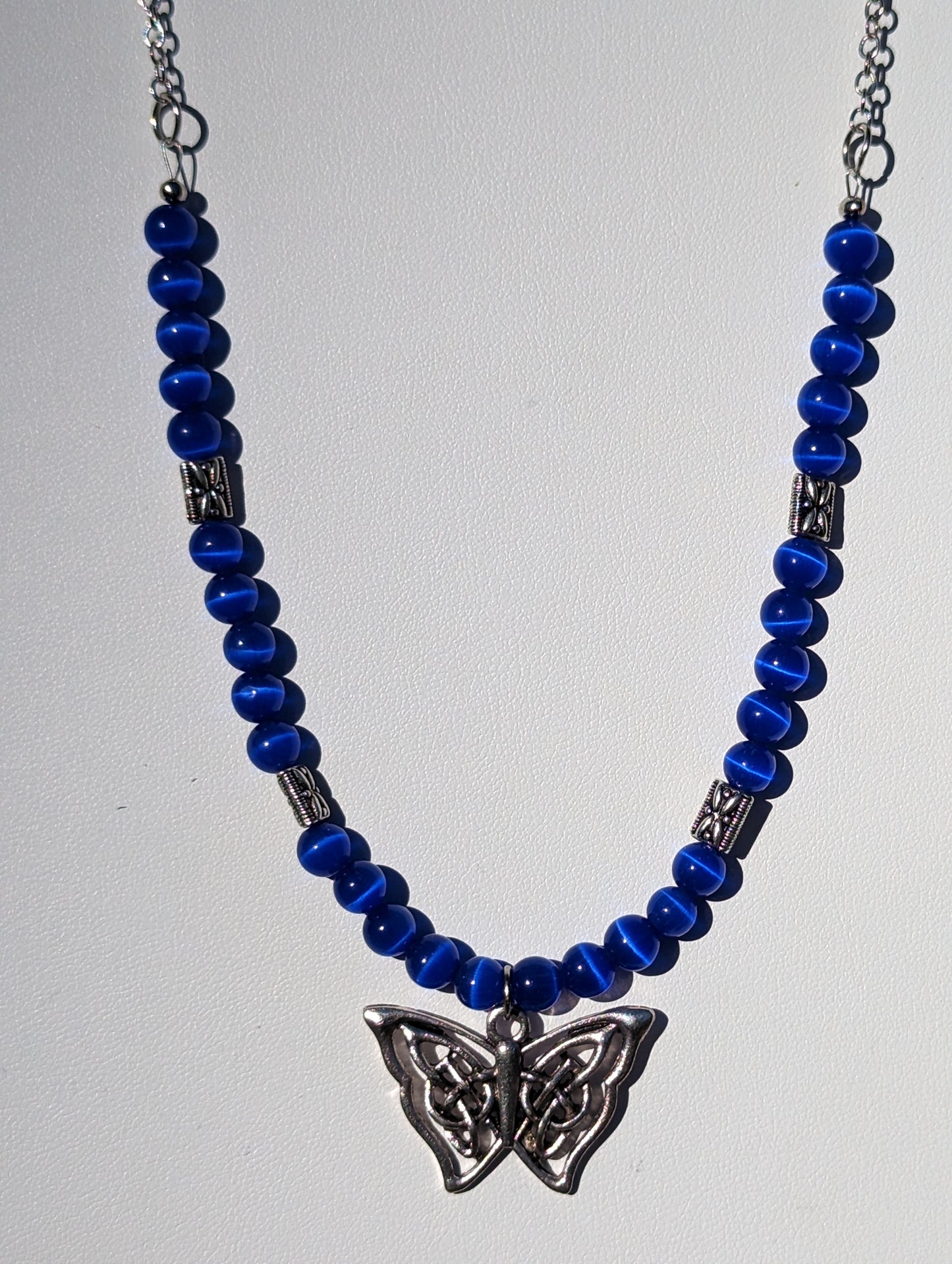 Royal Blue Cat's Eye Necklace with Celtic Butterfly Charm