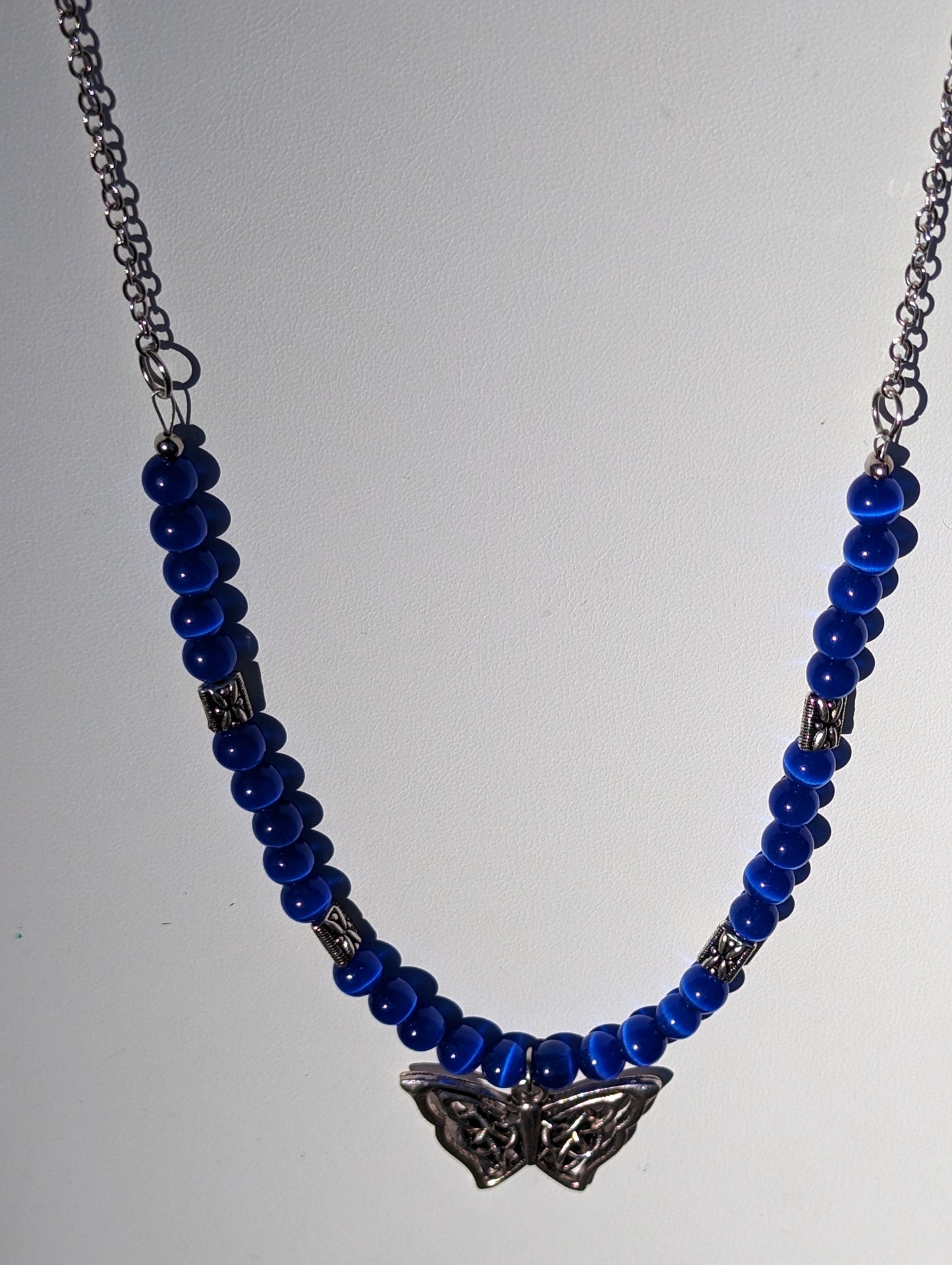 Royal Blue Cat's Eye Necklace with Celtic Butterfly Charm