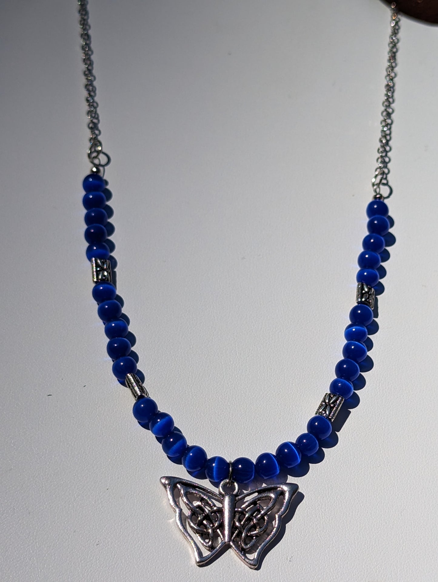 Royal Blue Cat's Eye Necklace with Celtic Butterfly Charm