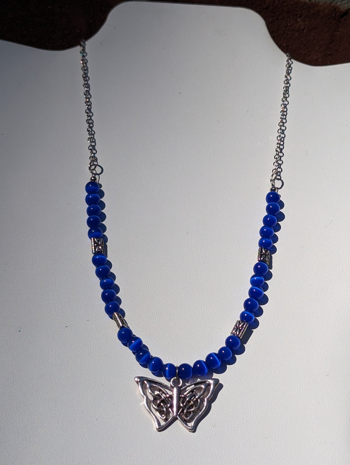 Royal Blue Cat's Eye Necklace with Celtic Butterfly Charm