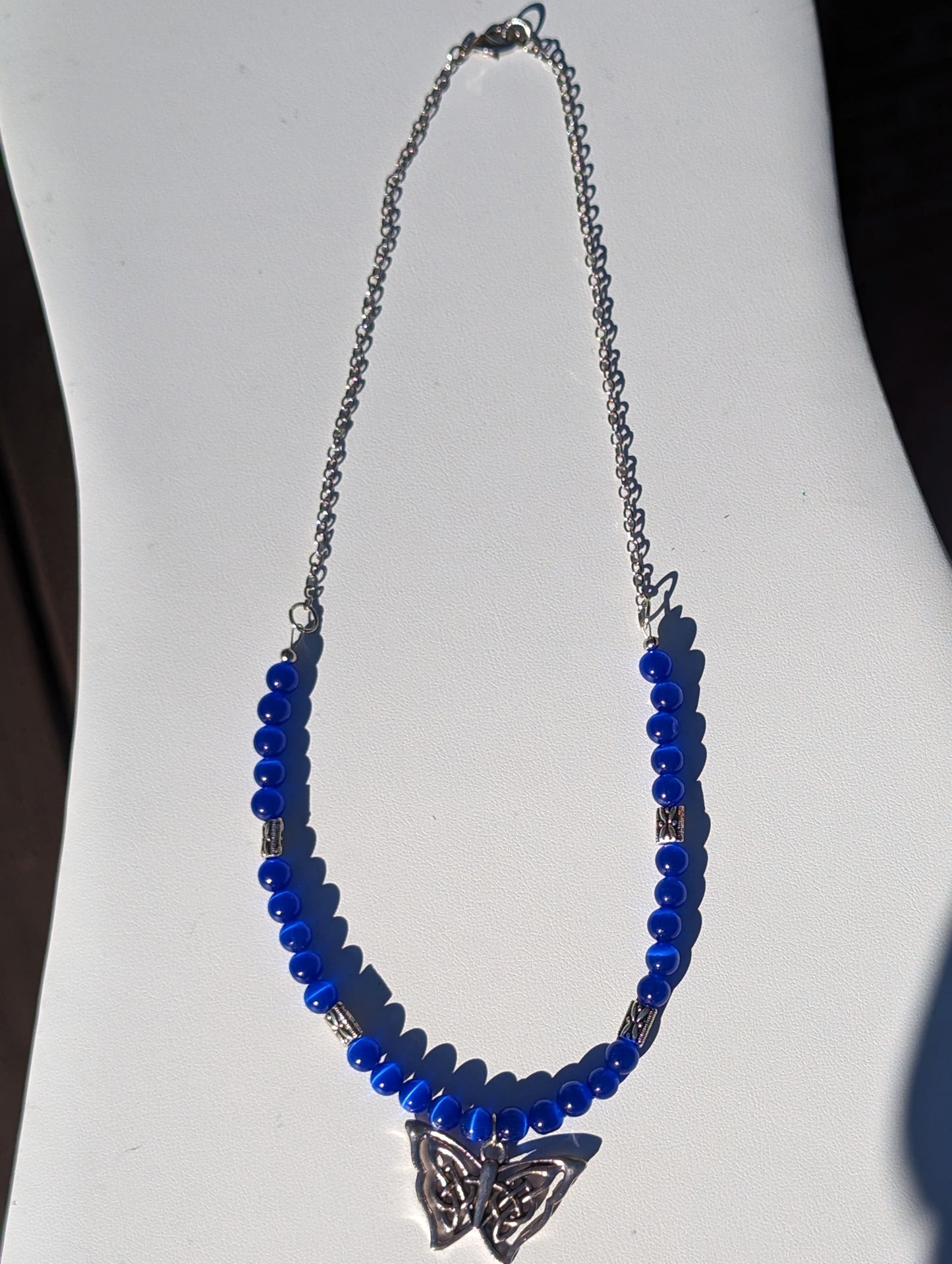 Royal Blue Cat's Eye Necklace with Celtic Butterfly Charm