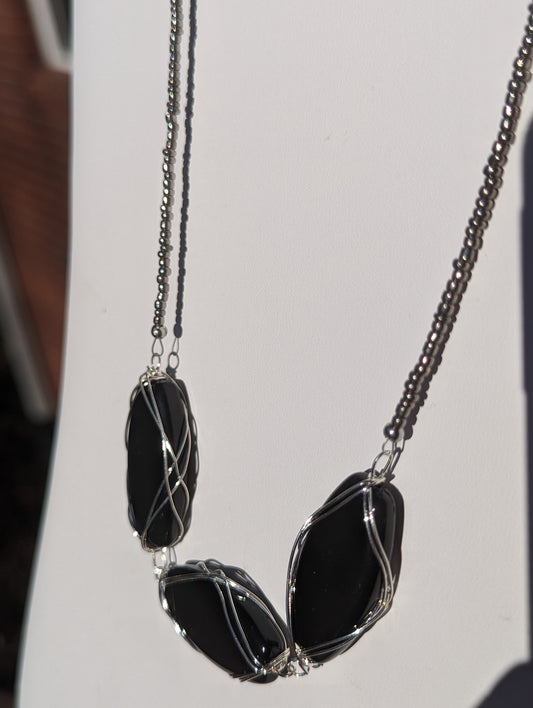 Charcoal Seed Bead Necklace with Large Wire-wrapped Black Glass Beads