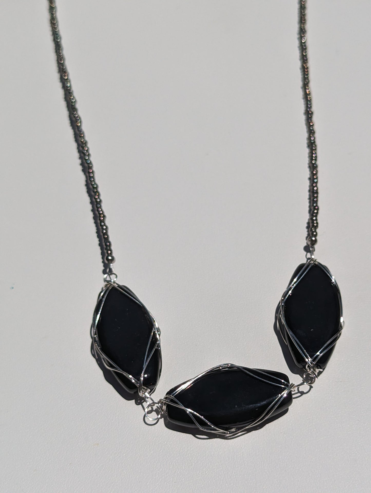 Charcoal Seed Bead Necklace with Large Wire-wrapped Black Glass Beads