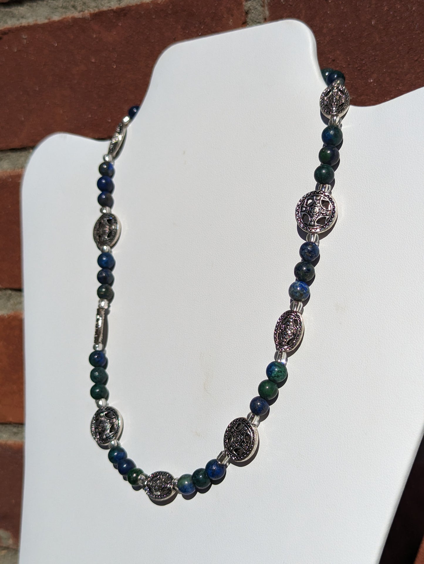 Chyrsocolla Necklace with Antique Silver Shield Beads